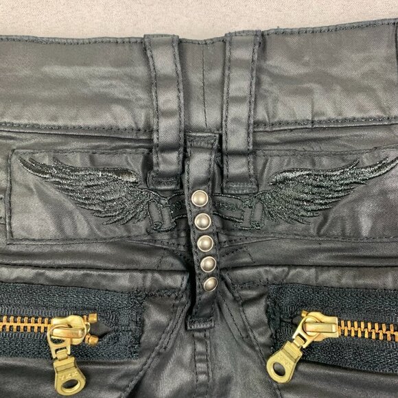 Robins Jean Mens Pants 33x30 Black Zippers Moto Slim Faux Leather L-Flap Biker - Picture 13 of 16